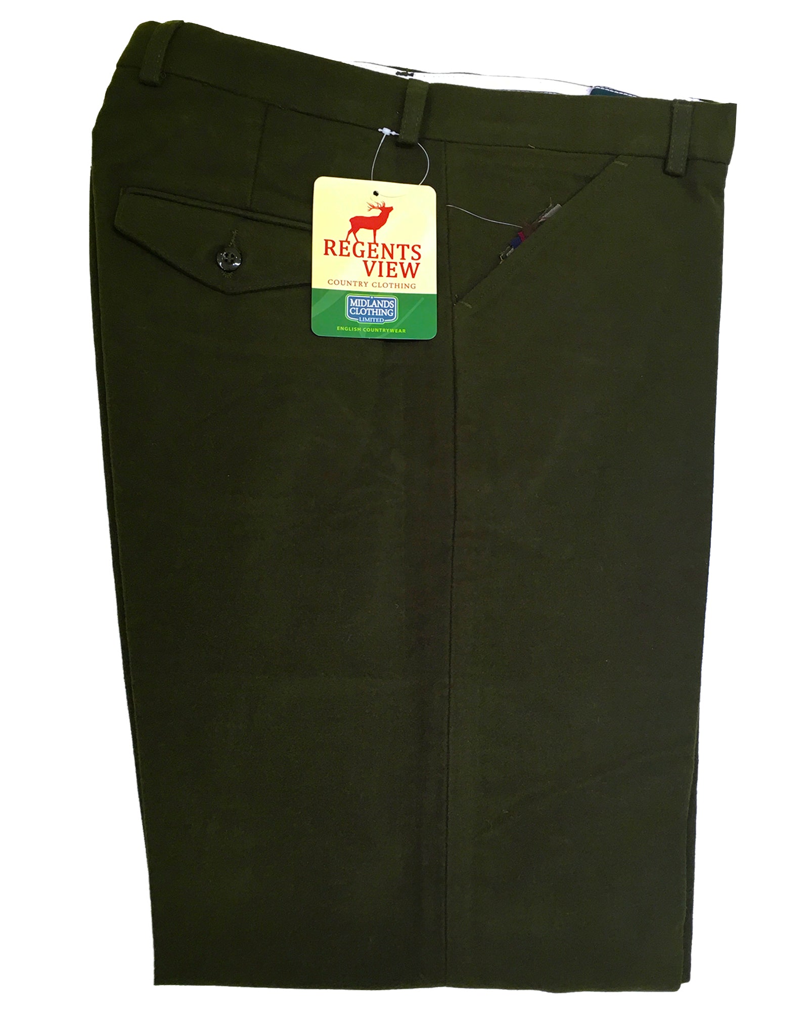 Regents View Mens Superior Stitching 100% Cotton Moleskin Trousers - Olive