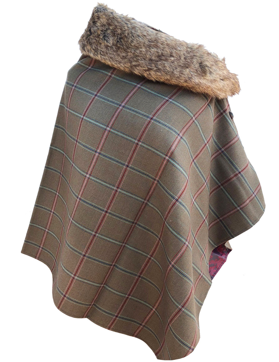 Ladies Tweed Poncho Cape Wrap 2-Tone Satin Lining & detachable Faux Fur Collar-Pink