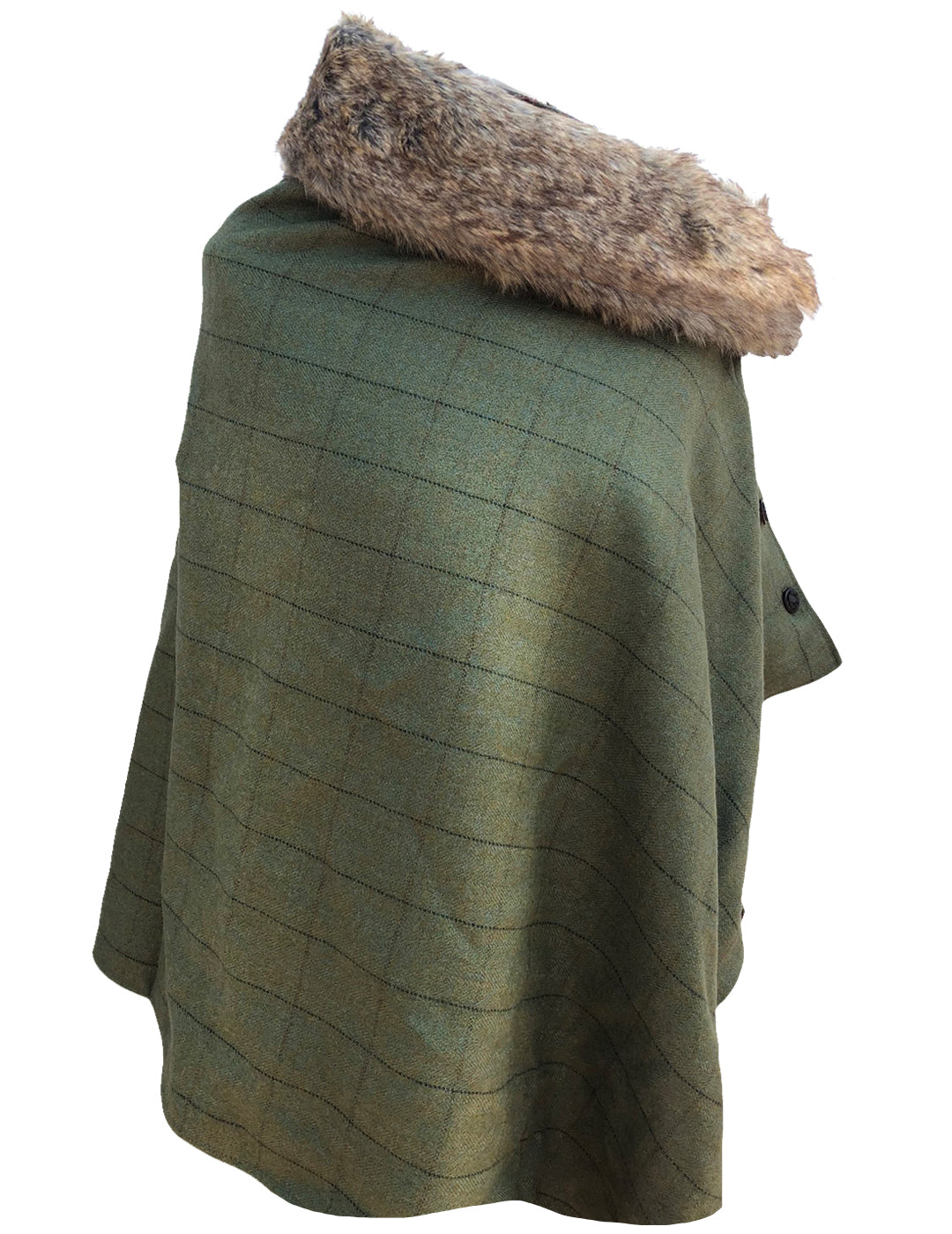Ladies Tweed Poncho Cape Wrap 2-Tone Satin Lining & detachable Faux Fur Collar-Olive