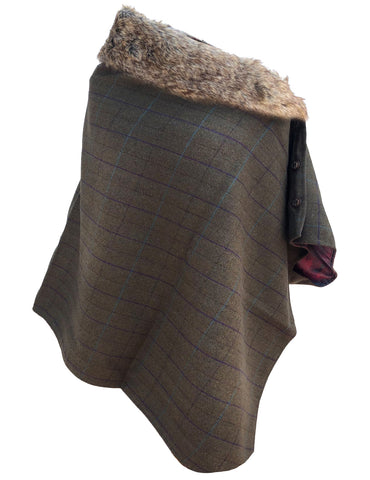Ladies Tweed Poncho Cape Wrap 2-Tone Satin Lining & detachable Faux Fur Collar-Olive