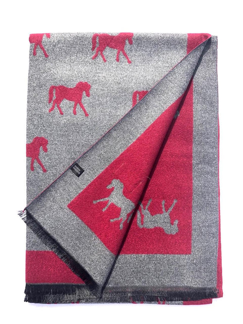 House Of Tweed  Large Scarves-Horses Dark Red/Grey