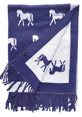 House Of Tweed  Large Scarves With Tassel Horses -Navy/Grey