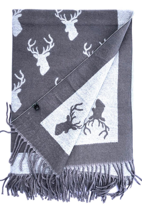 House Of Tweed  Large Scarves With Tassel Stag -Dark Grey/Grey