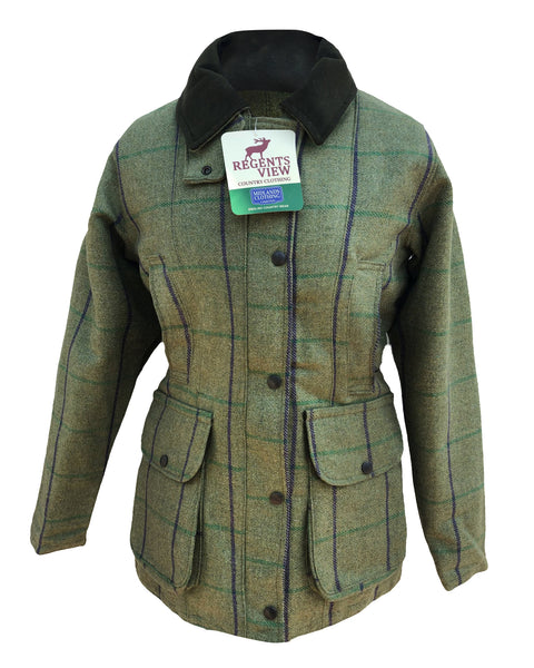 Regents View ladies tweed jacket- light olive with purple